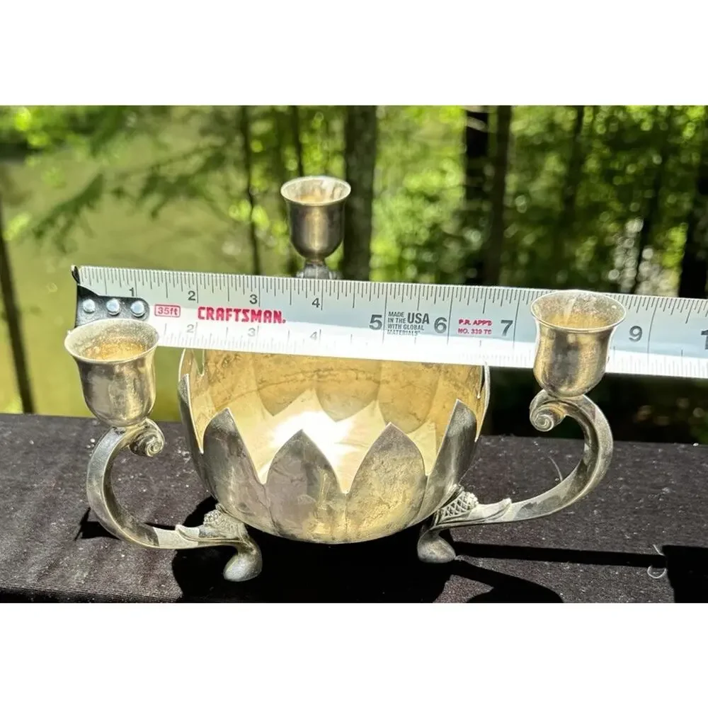 Leonard Silver Plate Centerpiece Triple Candle Holder on Lotus Flower Bowl A85